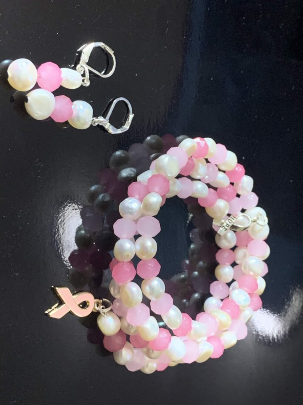 Handcrafted Breast Cancer Awareness coil bracelet and earrings set - Picture 3 of 5